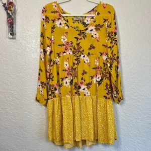 Free***Long Sleeve Floral Yellow Pleated Dress-Medium